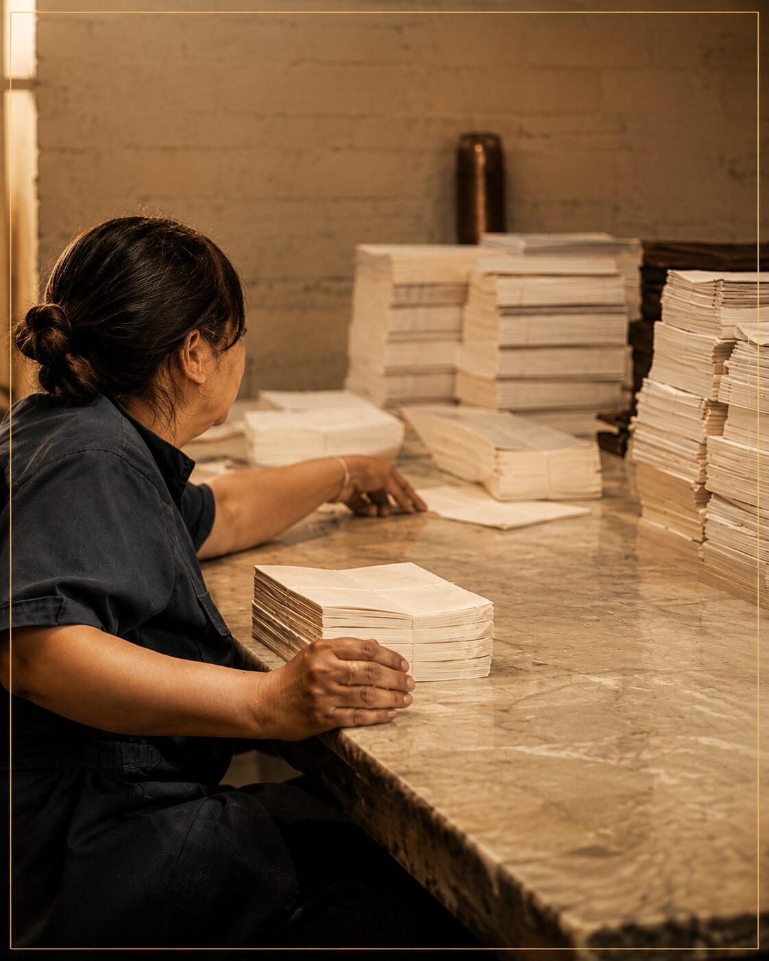 Craftsperson sorting paper stock for production